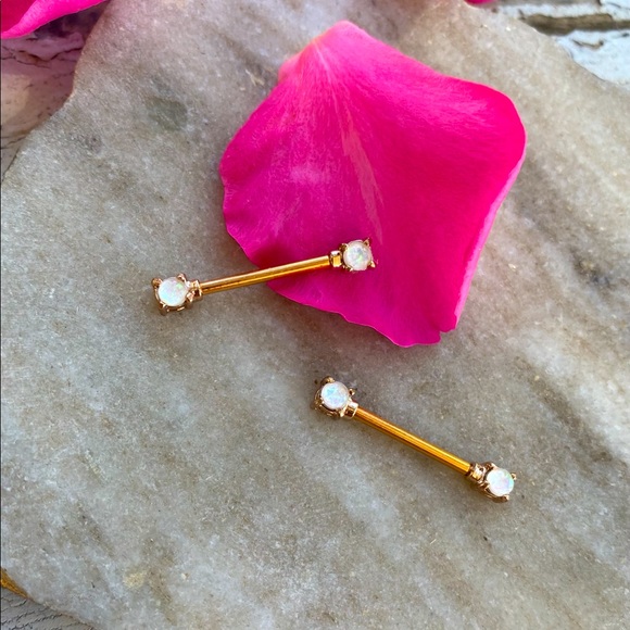 fancy days Jewelry Crushed White Opal Nipple Piercing Gold Bars